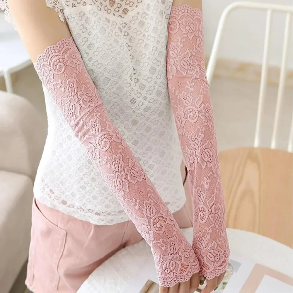 Women's 1 Pink Fingerless Lace Arm Sleeves Gloves Wedding Dress Party Prom